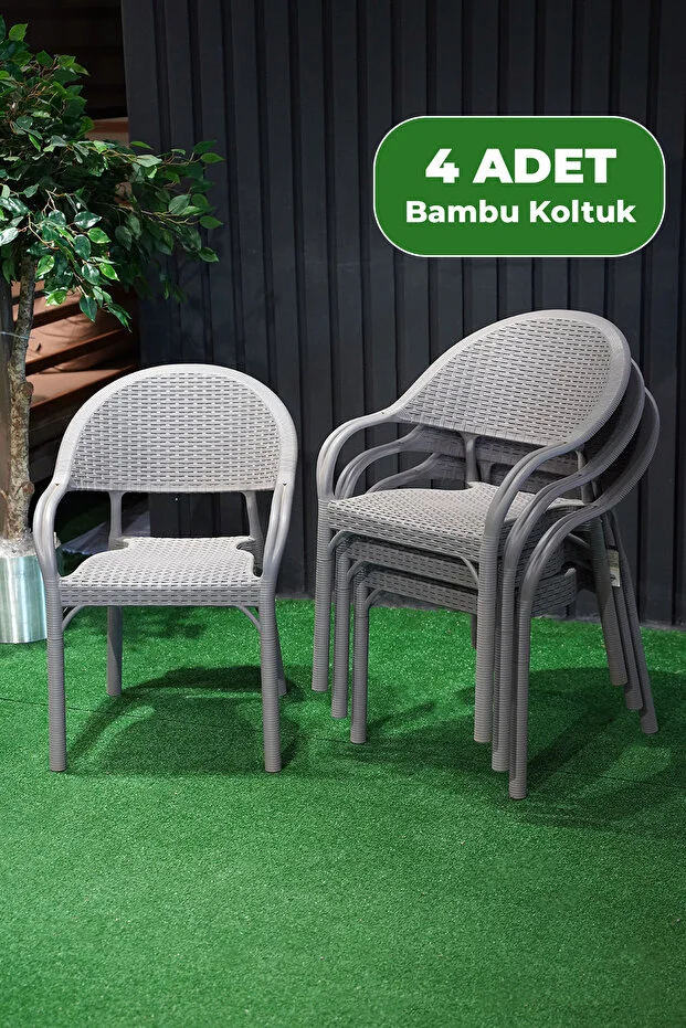 Bambu Rattan Kollu Koltuk 4 Adet Gri